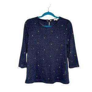 Grace & Mila Navy Blue Gold Glitter Paw Print Button Back Woven Blouse